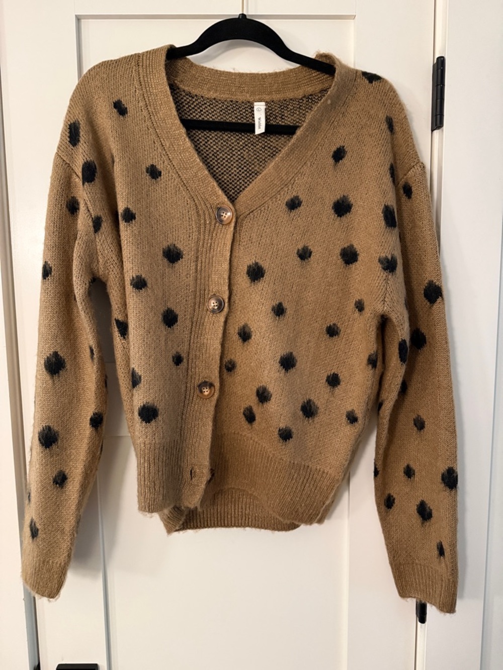 Wishlist Tan Cardigan with Black Polka Dots